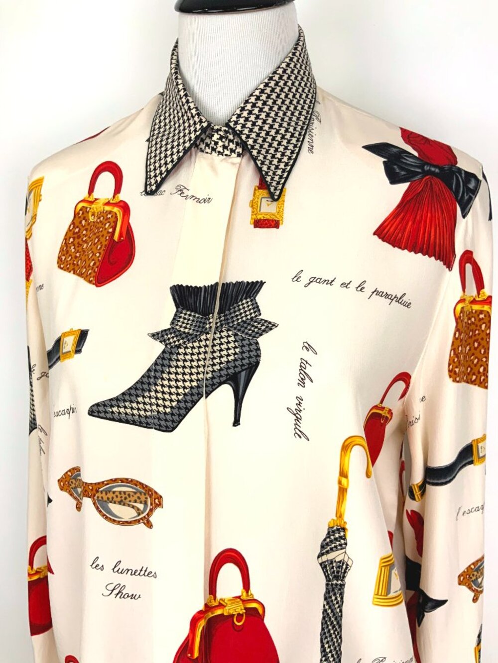 Vintage 90s Starington Novelty Print Silk Button Up Blouse Sz 8 -10 - Picture 13 of 16